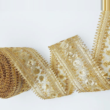 Gold Sequins Trim 2 Yards Decorative Embroidered Lace Sari Border Costume Ribbon Crafting Sewing Tape